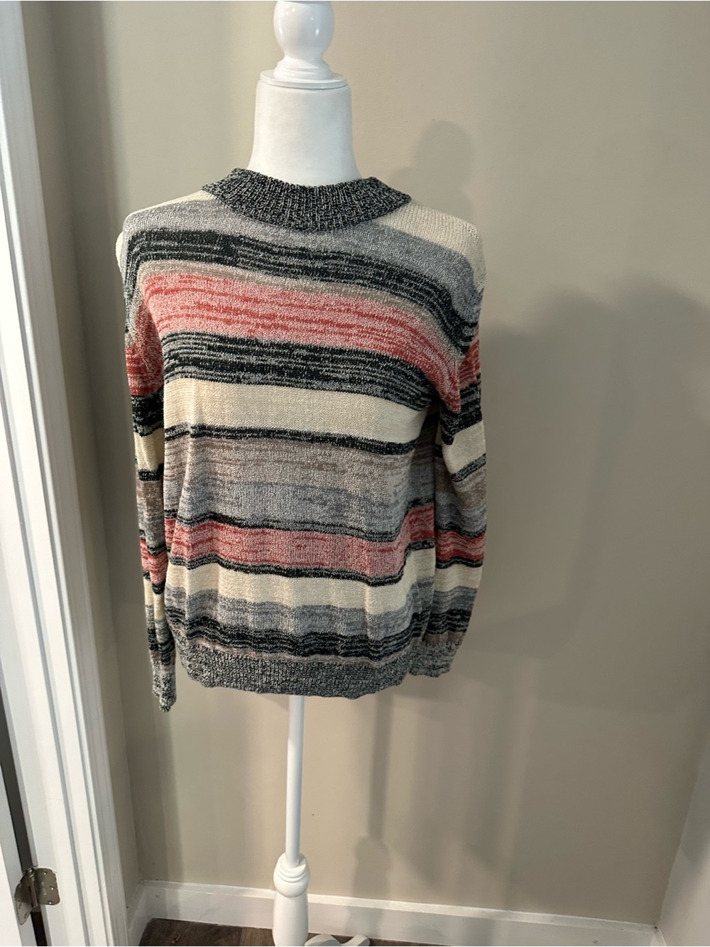 Striped Crewneck Sweater in Cream, Coral & Gray
